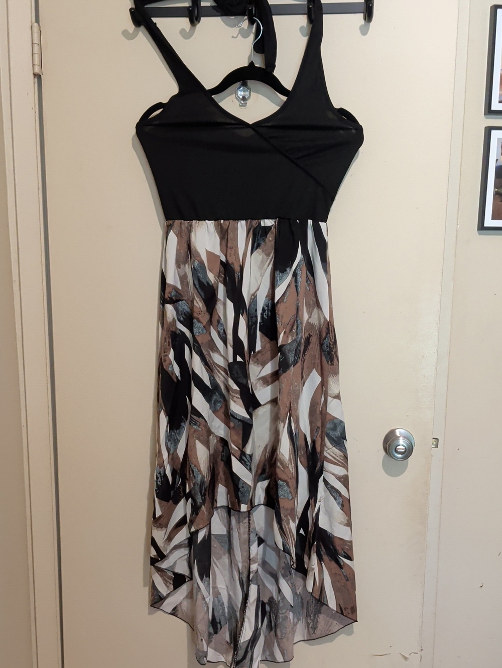 SHEIN Black Bodice with Brown, Black & White Patterned High-Low Dress